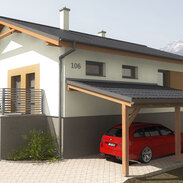 návrh rodinného domu na kľúč s garážovým prístreškom a pivničným priestorom