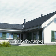 vidiecky rodinný dom do tvaru L so zelenými okenicami